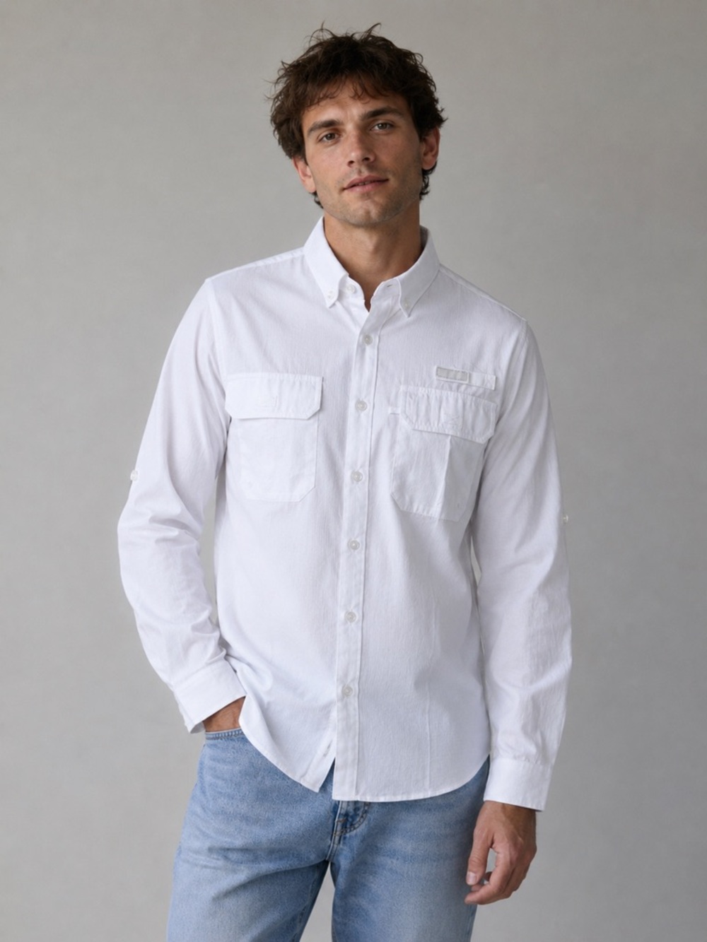 NWT TBU White Long Sleeve Fishing Shirt Size Medium UPF Performance Button Front